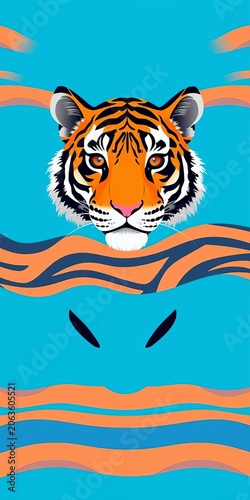 Whimsical tiger stripes across a bright blue background, colorful, ||animals