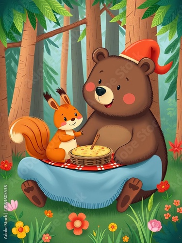 Whimsical illustration of a bear and squirrel enjoying a forest picnic together, friendship, scenery