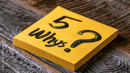 Sticky note displaying the 5 Whys problem solving method is placed on a textured wooden desk surface area.