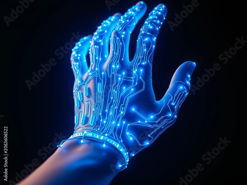 Glowing blue circuitry wrapping around human-like appendage, robotics, interaction