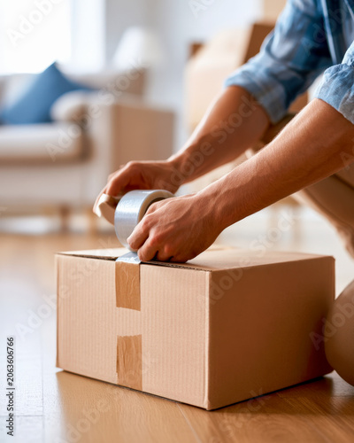 Hands Sealing Cardboard Box With Tape During Home Packing