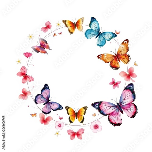 Delicate watercolor butterfly wreath on a white background, nature, colorful