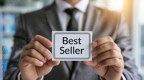Businessman displays a white rectangular sign with the black text best seller printed on a clean background.