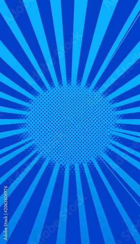 Bright blue comic book pop art background with halftone rays effect dotted superhero backdrop vector illustration, illustration, ray