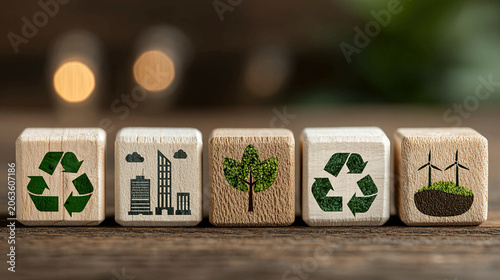 Concept of ecological sustainability and green economy with environmental icons on blocks symbolizing corporate responsibility renewable energy and sustainable policy planning
