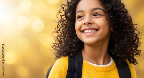 Portrait of a happy young girl with curly hair wearing a yellow sweater and a backpack