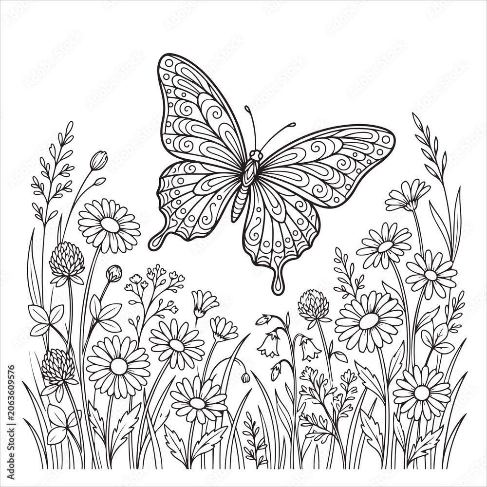 Fototapeta premium Black and White Outline of Clover Leaves and Grass Stems