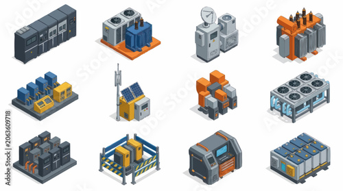 Fényképezés Collection of industrial electrical power equipment icons isometric view