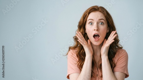 Portrait of a shocked young woman with curly red hair and open mouth surprised expression portrait reaction disbelief unexpected