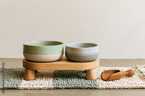 Modern Pet Feeding Station With Ceramic Bowls, Wooden Stand and Grooming Brush