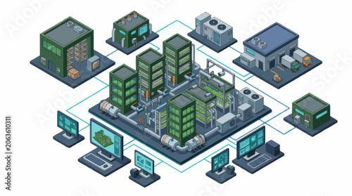 Foto Isometric illustration of a modern data center with servers and computers