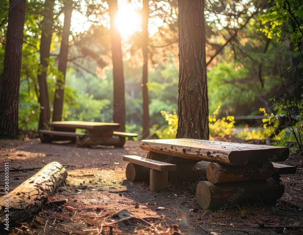 Fototapeta premium Tranquil Forest Setting with Wooden Picnic Table Under Soft Golden Sunlight