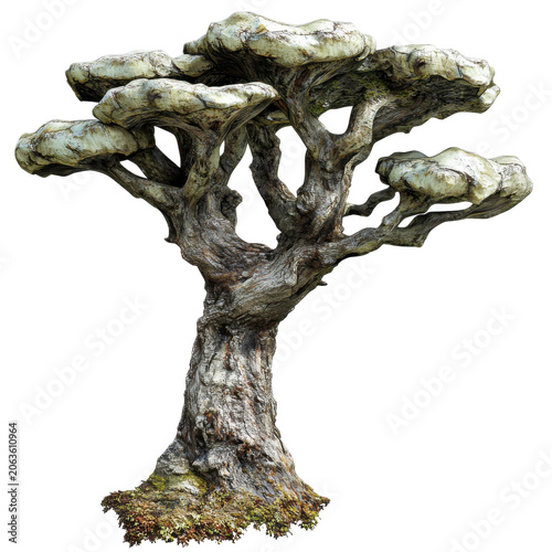Gnarled dragon blood tree with textured bark and umbrella-shaped canopy isolated on white background