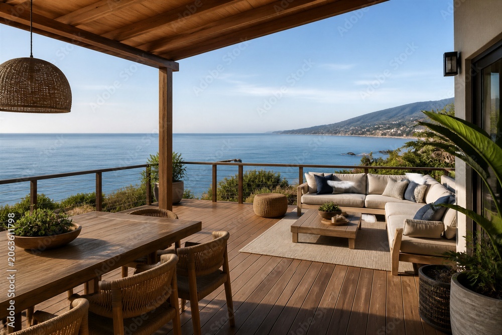 Fototapeta premium Outdoor deck seating area overlooking calm ocean and coastline