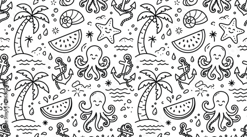 Quadro su tela Summer beach seamless pattern background with cute cartoon octopus palm tree and