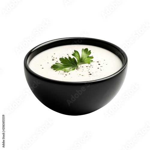 Creamy soup in black bowl garnished with fresh parsley and pepper isolated on white background