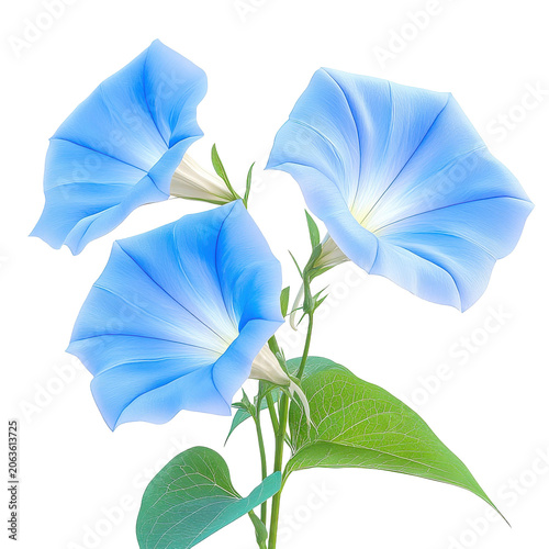 Three sky-blue morning glories with veined leaves and creamy white throats isolated on white background