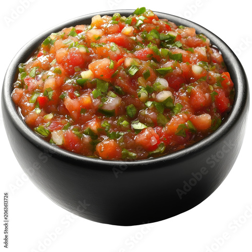 Freshly made pico de gallo in a black ceramic bowl close-up view isolated on white background