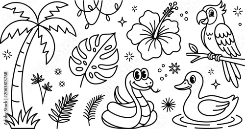 Foto Tropical jungle coloring page vector illustration with cartoon animals palm tree