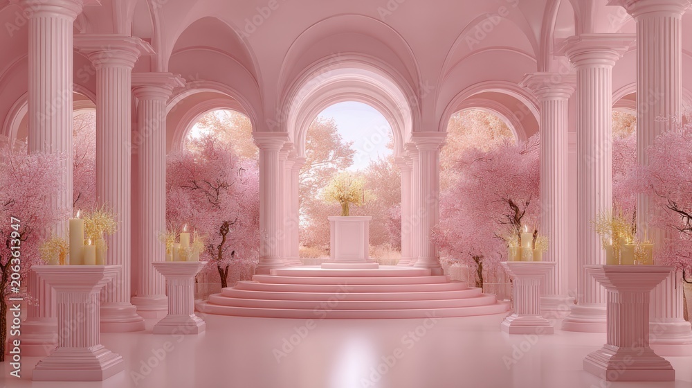 Naklejka premium Elegant Pink Classical Architectural Hallway with Blooming Cherry Blossoms and Soft Natural Light