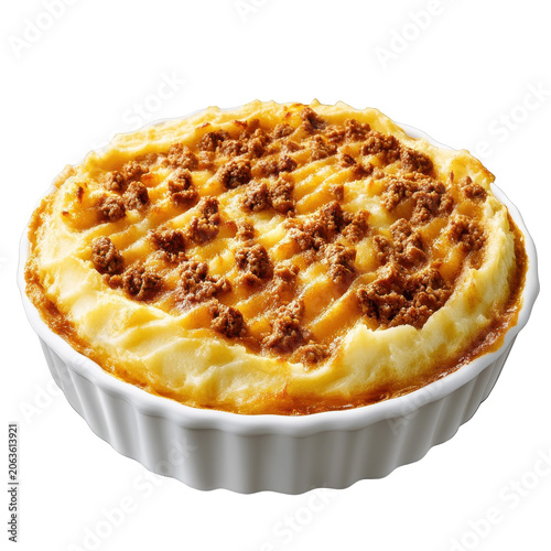 Creamy mashed potato dish with savory meat topping isolated on white background