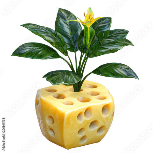 A whimsical cheese cube planter with a yellow flower isolated on white background
