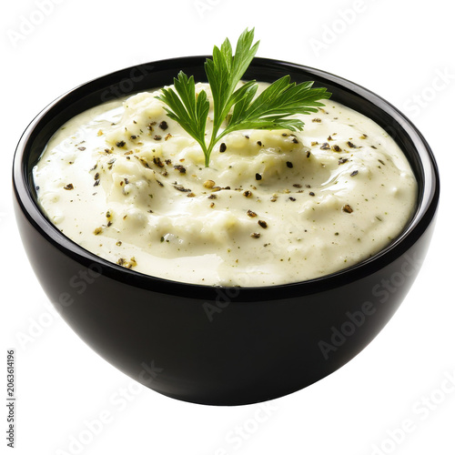 Creamy white dip in black bowl garnished with fresh parsley and spices isolated on white background