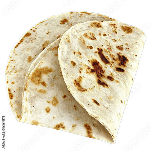 Stacked toasted tortillas with golden brown spots and textural details isolated on white background