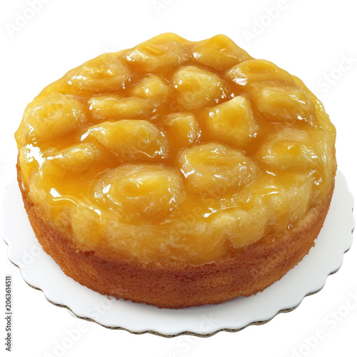 Glazed apple upside-down cake with golden caramel on a scalloped plate isolated on white background
