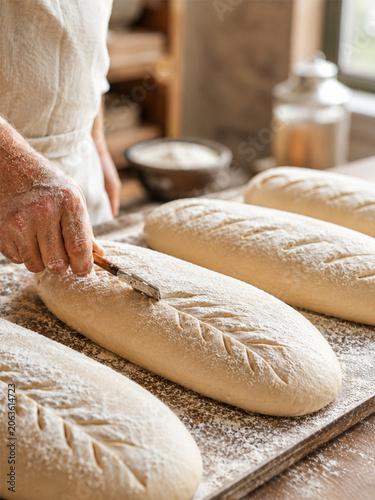 Baker Scoring Decorative Leaf Patterns on Raw Sourdough Bread Loaves