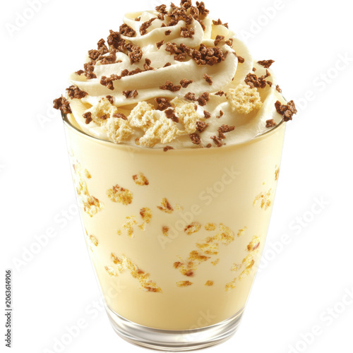 Creamy dessert in glass with chocolate sprinkles and biscuit pieces isolated on white background