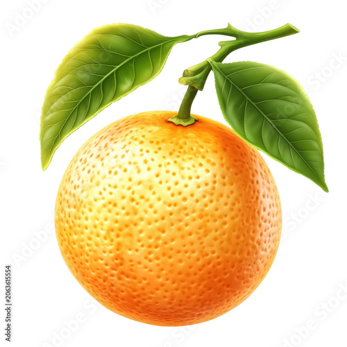 Close-up of a vibrant orange with fresh green leaves isolated on white background