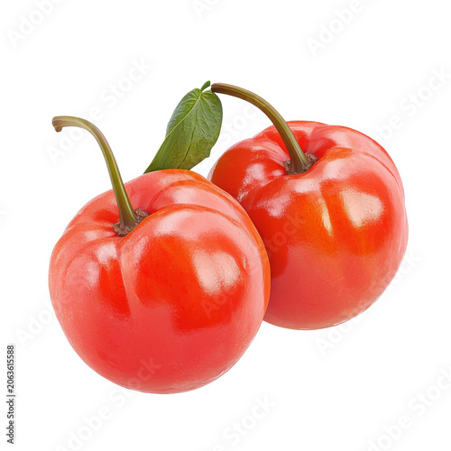 Two vibrant red fruits with green leaf glossy texture and curved stems isolated on white background