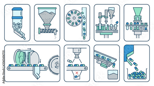 Vector Icons Pharmaceutical capsule manufacturing process line icons set showing medicine production steps. EPS Editable