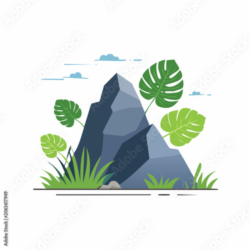 Stylized Mountain with Tropical Leaves and Clouds