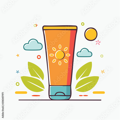 Sunscreen tube with sun and clouds illustration