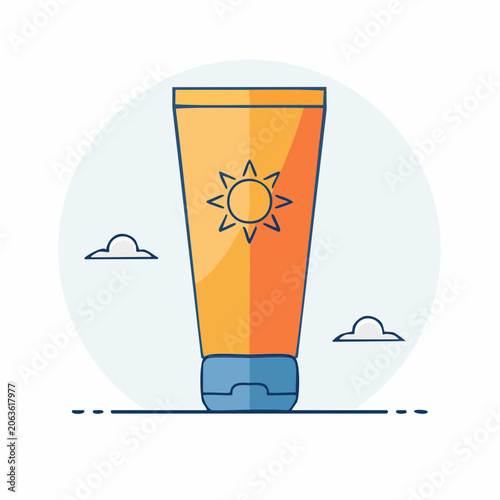 Sunscreen tube with sun icon and clouds