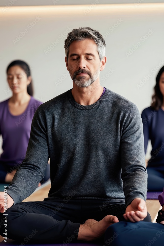 Fototapeta premium Middle aged man meditates with eyes closed in yoga class. Diverse group practices calm breathing exercise on mats. People find inner peace together.