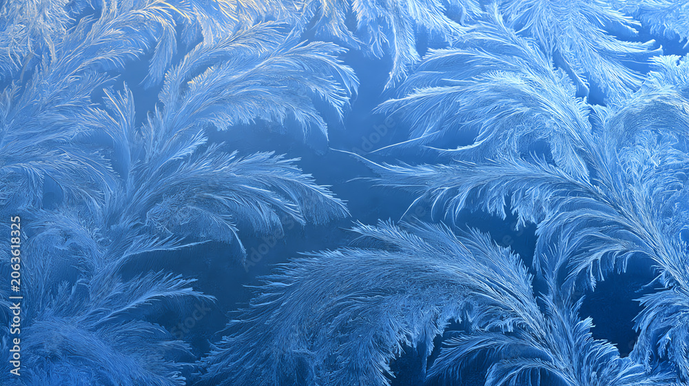 Obraz premium Intricate frost patterns on a cold glass surface, showcasing nature's delicate artistry and beauty in winter.