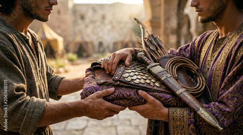 Bible, A detailed, close-up shot capturing the symbolic moment Jonathan hands his royal robe, armor, sword, and bow to David. 