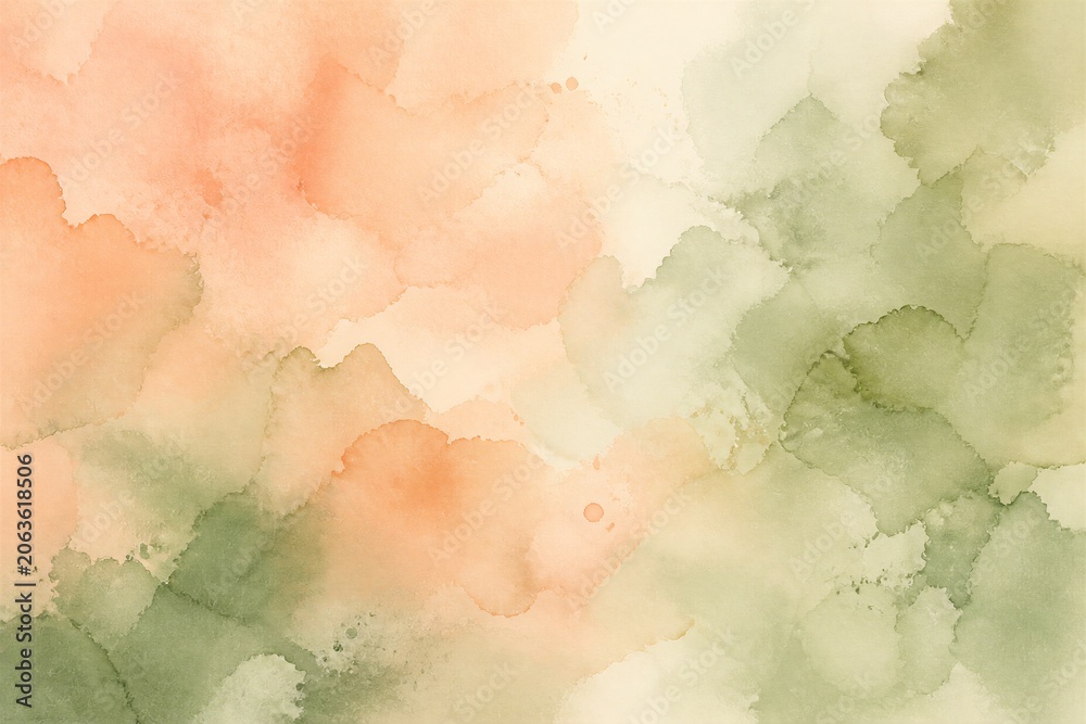 Obraz premium Peach and olive watercolor blotches merging on neutral background