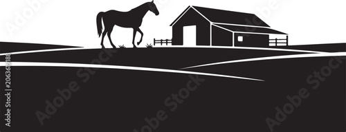 Farm, horse, barn, rural landscape, vector silhouette, black and white