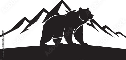Black bear silhouette, mountain landscape, wildlife icon, outdoor symbol
