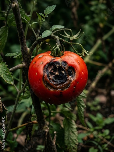 Close-up of a rotten red tomato on a vine in a garden