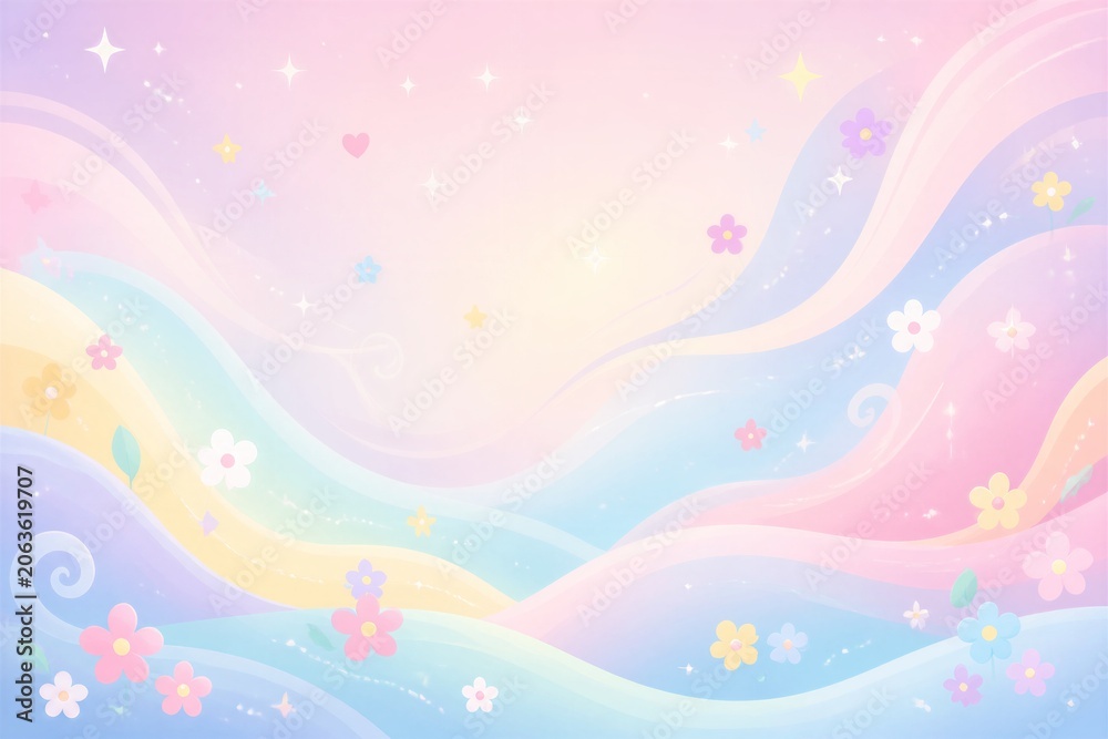 Naklejka premium Pastel rainbow waves with floral accents in dreamy sky