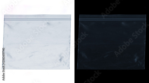 Transparent plastic zip bag mockup, empty polyethylene seal pouch on white and black background, clear wrinkled storage baggie for product packaging