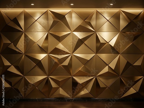 Luxury 3D geometric gold metal wall panel background with spotlights
