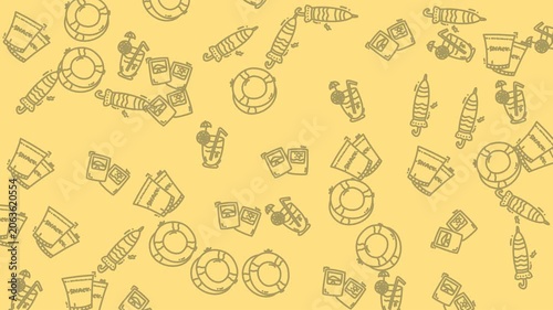 Lifebuoys, beach bags, cocktail glasses, sunblock tubes  vibrant summer vacation pattern. Ideal for travel blogs, beachthemed designs, and holiday promotions.