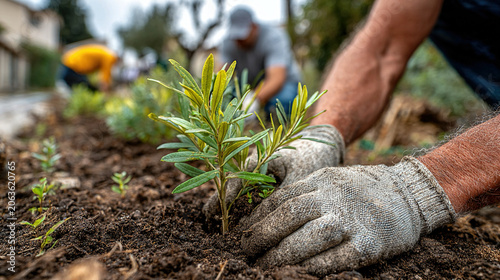 Community gardening project with volunteers planting seedlings promoting environmental sustainability teamwork urban greening initiatives and community engagement for a greener city