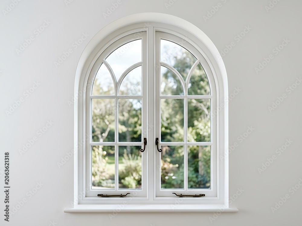 Fototapeta premium White arched window with garden view on a minimalist interior wall